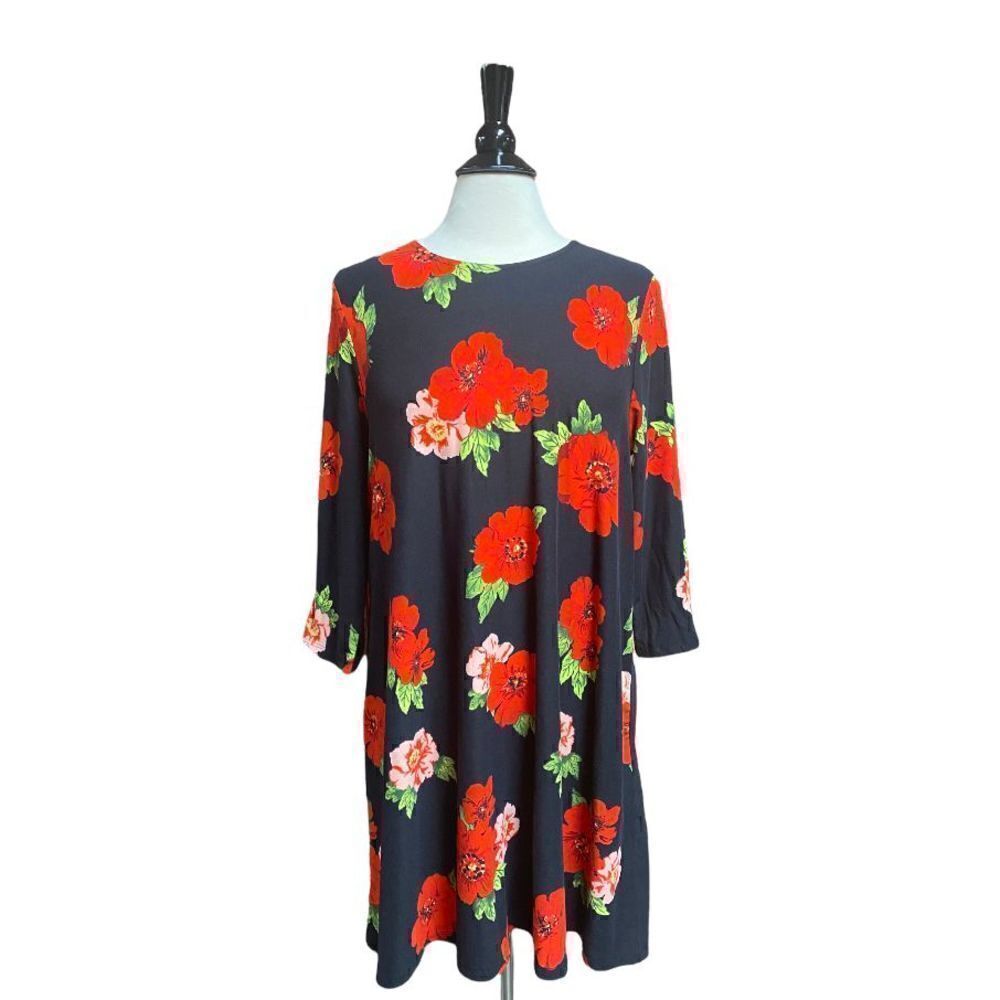 Bobbi Brooks Black & Red Floral 3/4 Sleeve Dress Size Large